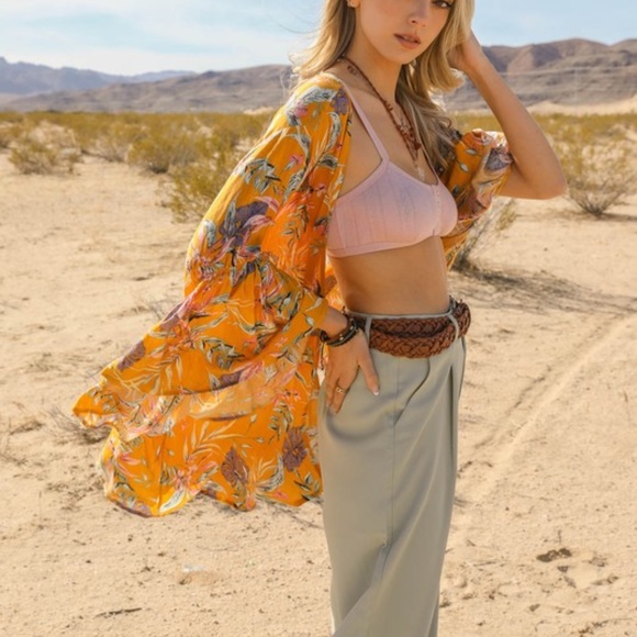 Boho Floral Tropical Leaves Open Front Ruffle Sleeve Kimono Cover up - Picture 2 of 3